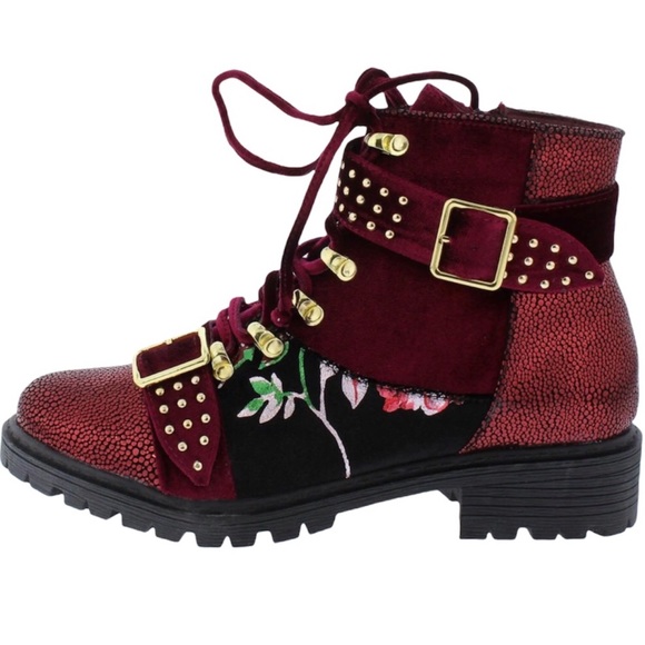 Reddish Wine & Gold Studded Flora Vegan Leather Suede Riding Boots - Picture 2 of 3